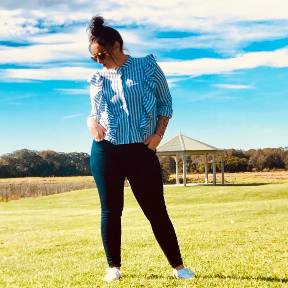 SOLD Blue & White Stripe Cotton Long Sleeve MVN Ruffle Button Up Shirt 12 - Picture 16 of 16